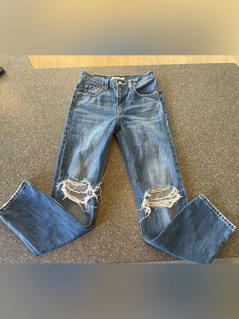 Levi's Women's Low Pro Straight Leg Jeans - Blue Distressed Knees